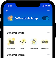 „Darstellung der WiZ App als Schnittstelle für LED-Lampen, die dynamische weiße und warme Lichtvoreinstellungen für eine individuell anpassbare Heimbeleuchtung anzeigt.“